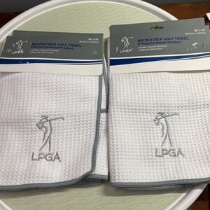 2 NEW LPGA Waffle Microfiber White Golf Towel‎ with bag Loop Attachment, 38"X16"